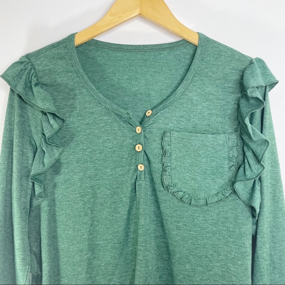 Ruffled Shoulder Flutter Pocket Top with Wooden Buttons - Picture 7 of 11